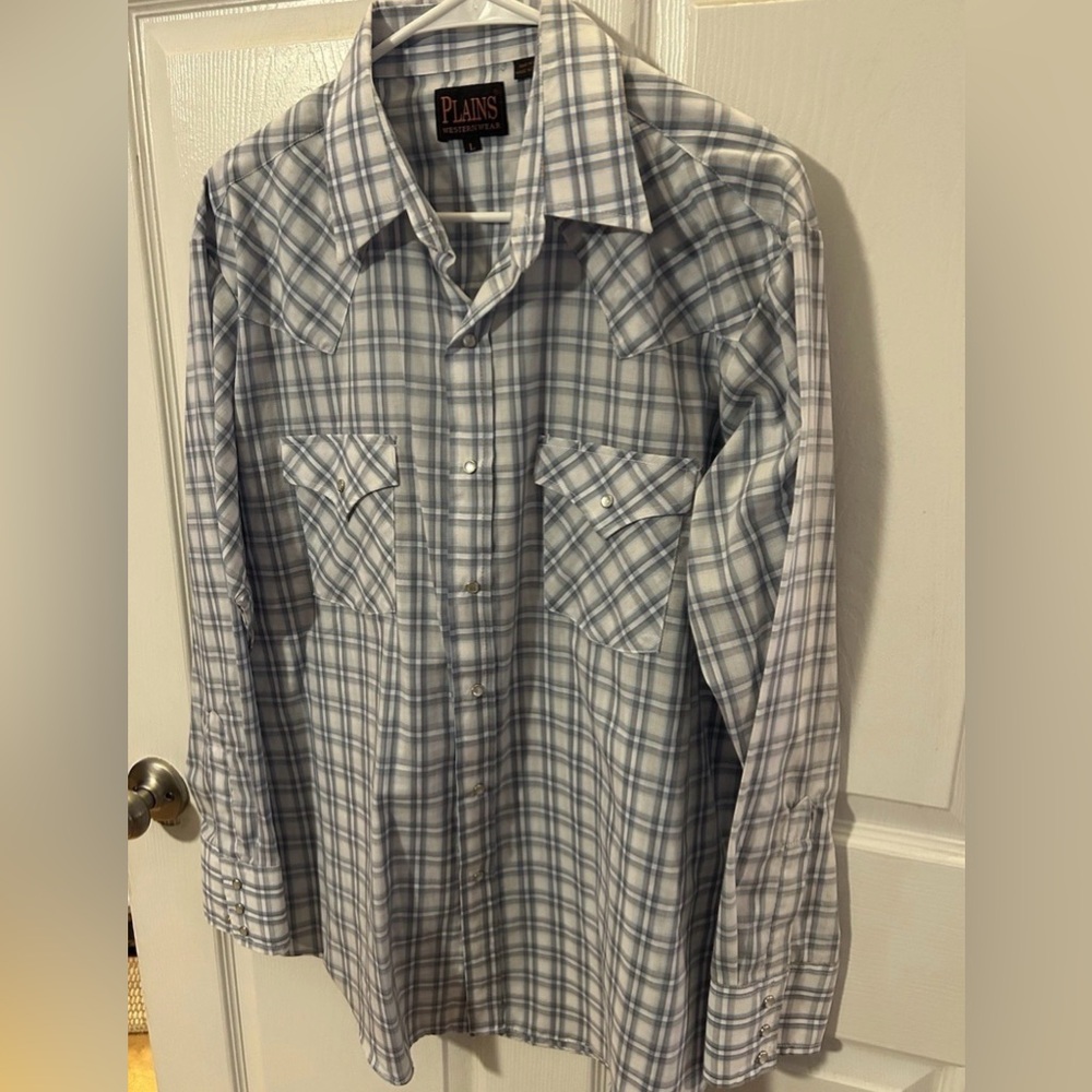 Plains Western Wear Pearl Snap Plaid Shirt Men’s Large Blue White Western